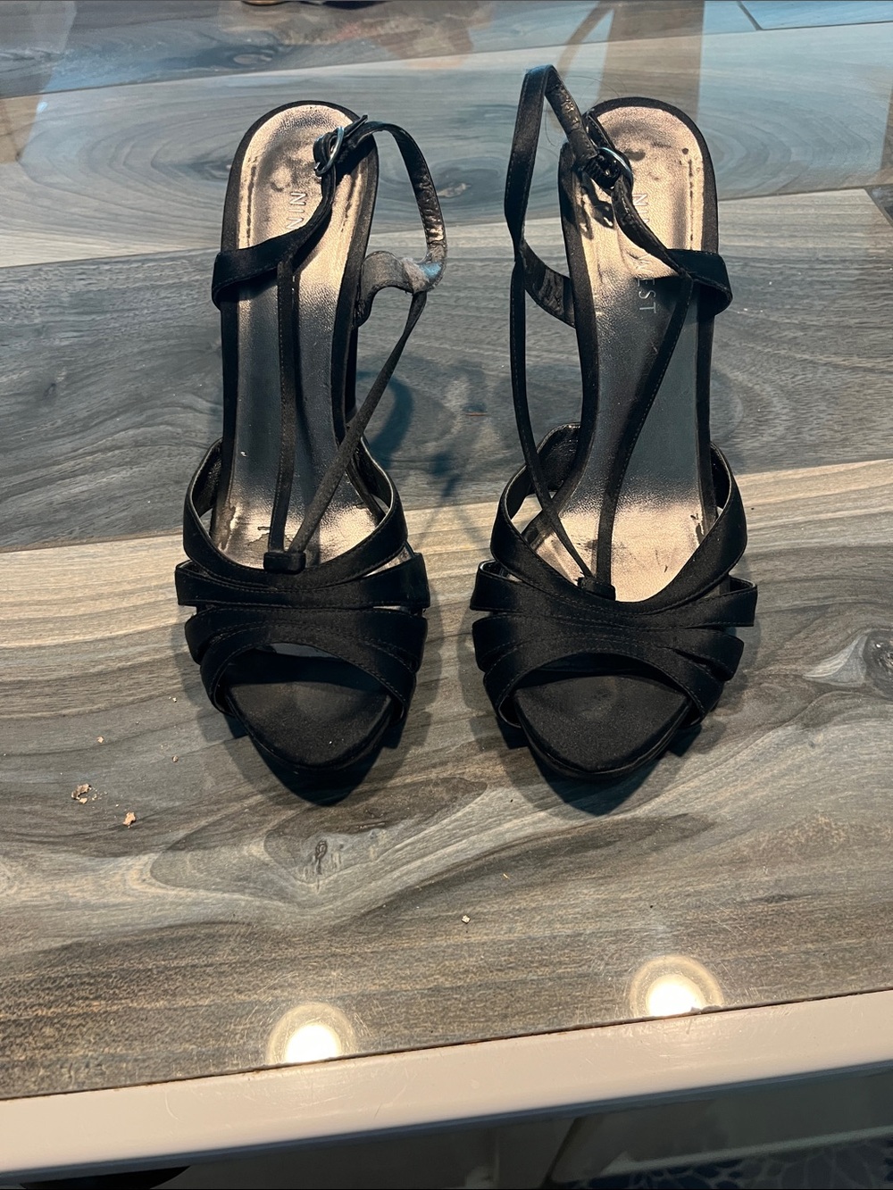 Nine West Black Satin Strappy Open-Toe Heels